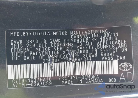 2011 Toyota Corolla из США, поврежденный, VIN 2T1BU4EE5BC664344